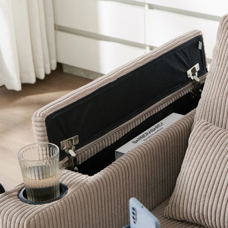 63" Corduroy Convertible Loveseat Sofa Bed with USB Ports, Two Cup Holders, A Phone Holder for Living Room