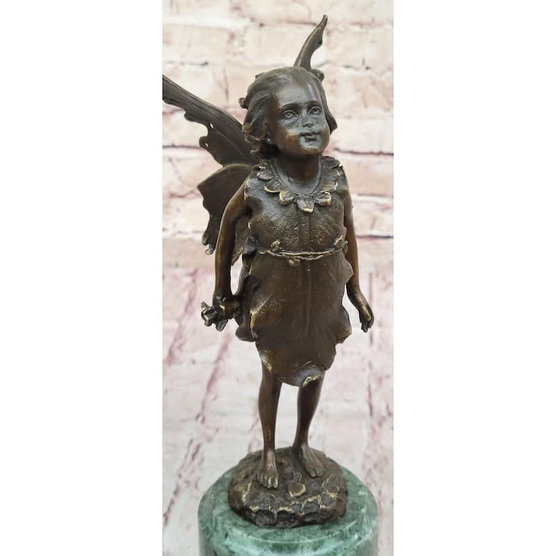 Young Child Girl Angel Fairy Winged Figure Bronze Sculpture On Green Marble Base