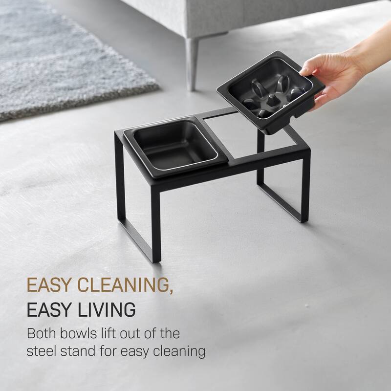 Yamazaki Home Slow Feeder Pet Bowl, Steel and Ceramic, 0.75 cups, 180 ml - L 6.1 x W 11.42 x H 6.93 inches