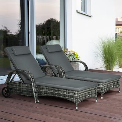 Outsunny Wicker Outdoor Chaise Lounge Set of 2, 5-Level Adjustable Backrest PE Rattan Pool Lounge Chair with Wheels, Cushion