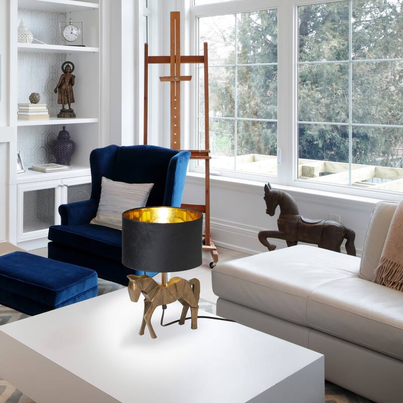 River of Goods 17.75-Inch Gold Origami Horse-Shaped Table Lamp with Black Fabric Drum Shade - 10.75" x 10.25" x 17.75"