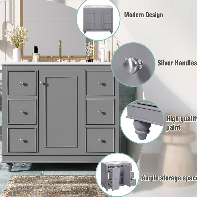 Bathroom Vanity Storage Cabinet with 4 Drawers, Removable Dividers, Adjustable U-shaped Shelf and Silver Handles
