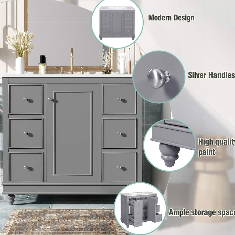 Roomfitters 36" Bathroom Vanity with Ceramic Sink, 4 Drawers, 1 Door, Adjustable Shelf, Solid Wood Frame
