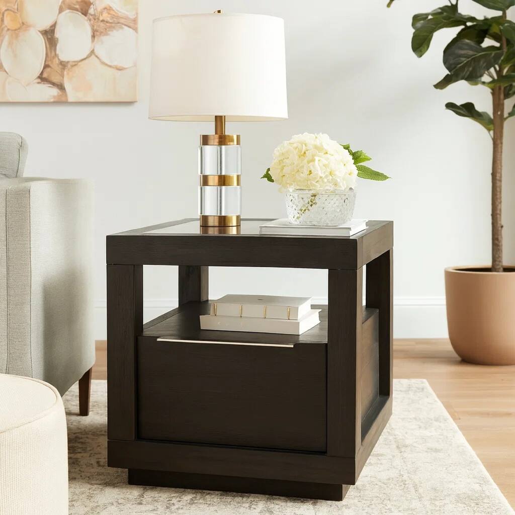 Acacia Wood End Table with Glass Insert Tabletop, Gray