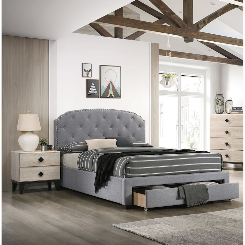 Light Grey Burlap Fabric 1pc Queen Size Bed w Drawer Button Tufted Headboard Storage Bedframe Bedroom Furniture