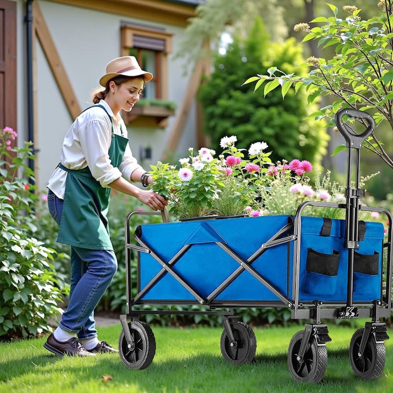 Outdoor Large Capacity Collapsible Foldable Wagon Cart Garden Cart with All-Terrain Wheels-35IN - 20.5"D x 33.3"W x 38.9"H - Blue