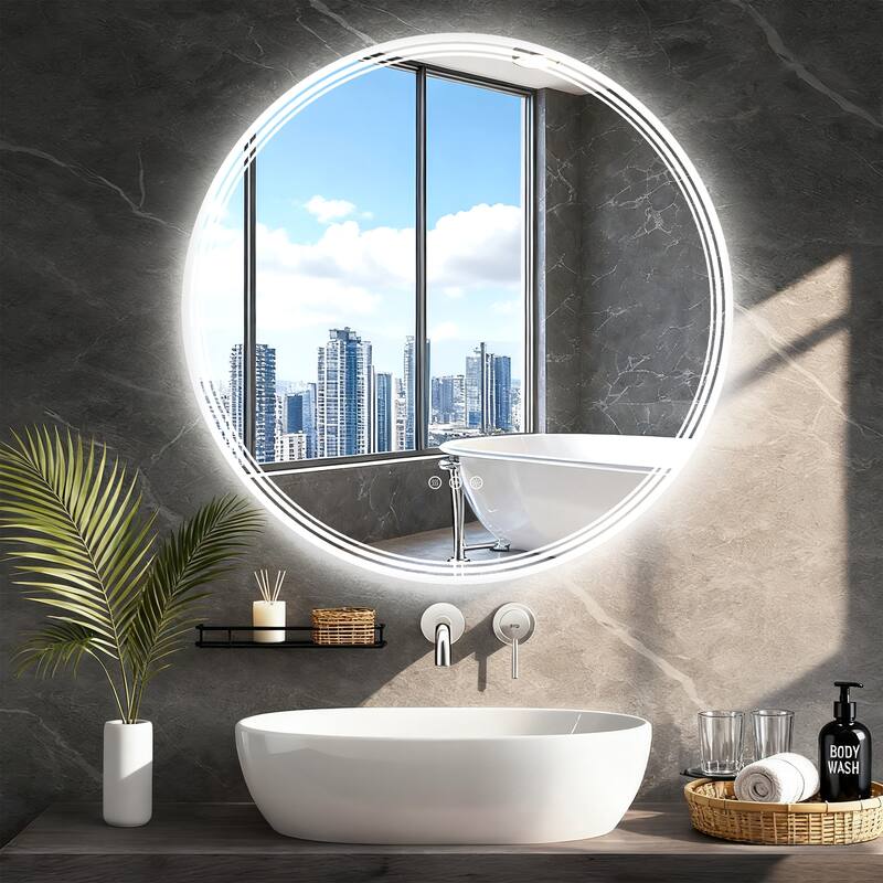 UL Certified Round Frameless Wall Mounted Anti Fog LED Bathroom Vanity Mirror, 3-Color Dimmable, HD Tempered Glass