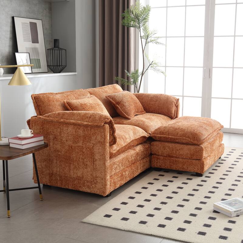 Oversized Chenille Double Sofa with Footstool, Removable Armrests, Modern Couch with Side Storage