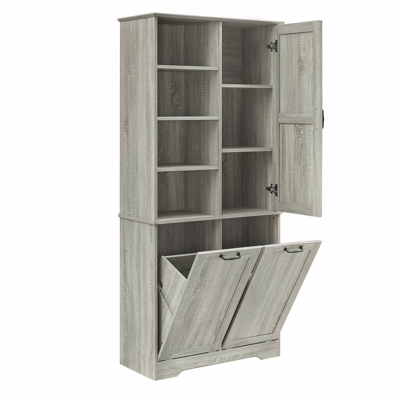 Bathroom Storage Cabinet with Doors and Drawers, Tilt-Out Laundry Hamper