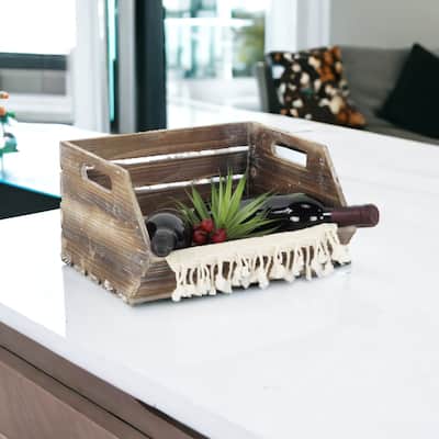 Natural Brown Wood Slat Stackable Storage with Side Handles - N/A