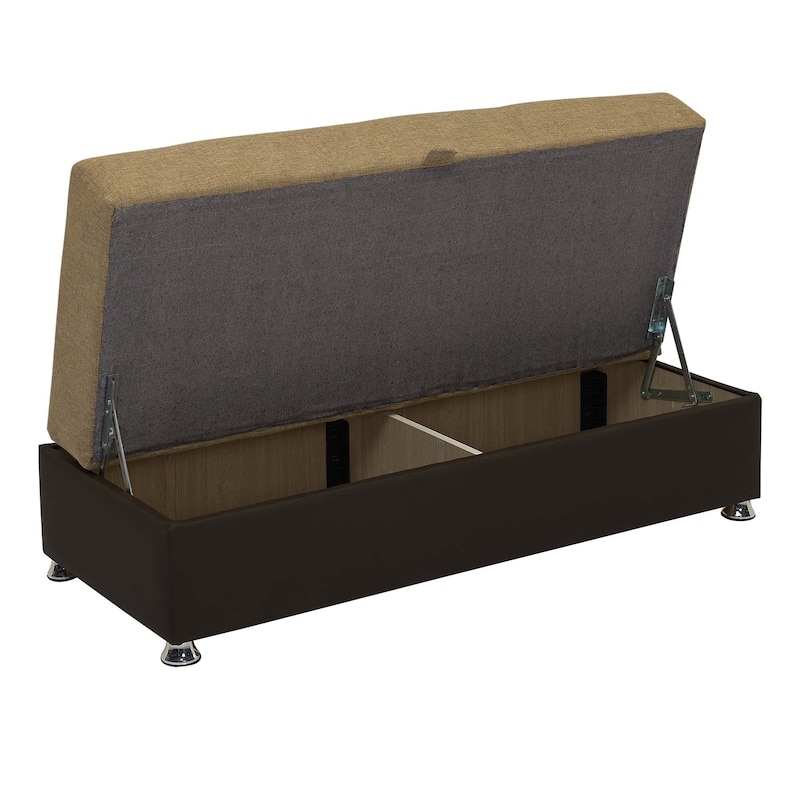 HomeRoots 54" Camel Espresso and Silver Chenille And Faux Leather Tufted Storage Ottoman