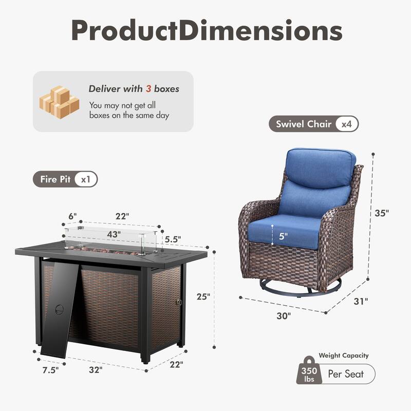 Meyreso 5-Piece Outdoor Patio Wicker Fire Pit 4 person Conversation Set with 5-Inch Thick Cushions