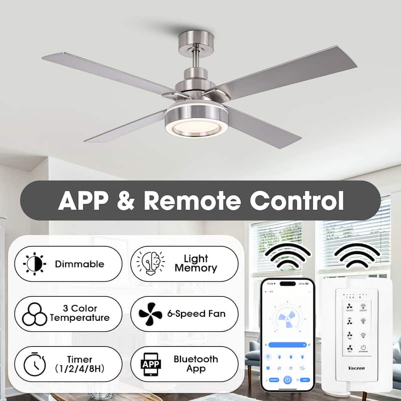 52" Brushed Nickel 4-Blades Smart Ceiling Fan with Dimmable LED Light and Remote