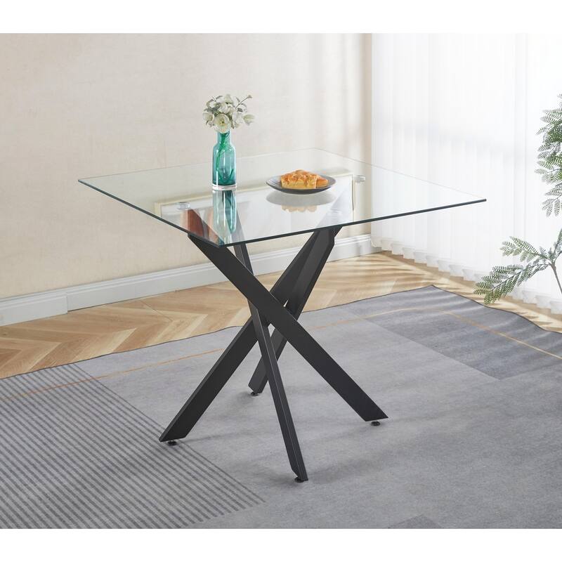 Modern Square Tempered Glass Dining Table with Stable Cross Metal Leg - Black