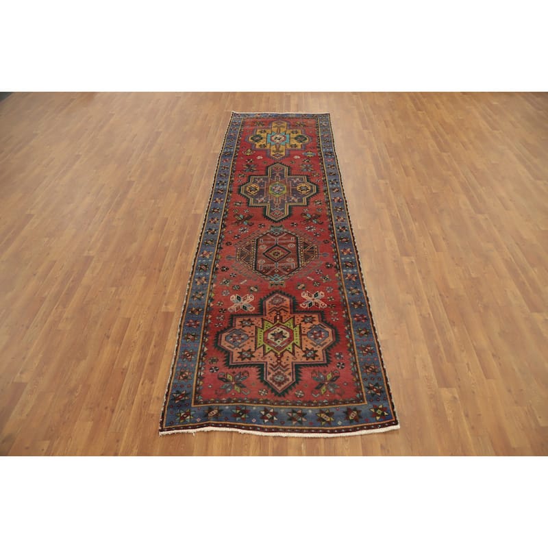 Hand Knotted Oriental 100% Wool Carpet Traditional Geometric Oranges & Rust Heriz Runner Rug - 12' 0'' X 3' 7''