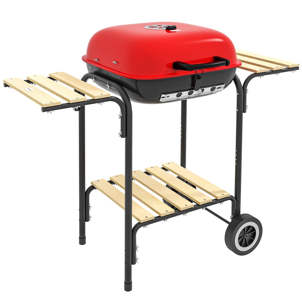 17" Portable Charcoal Grill with Wheels, 2 Side Tables and Bottom Shelf, BBQ with Adjustable Vents on Lid