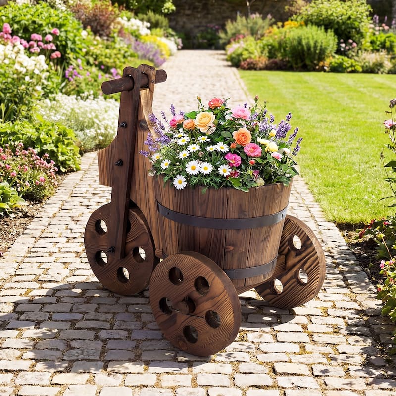 Gymax 2PCS Rustic Wood Tricycle Planter w/Barrel Pot & Drainage for