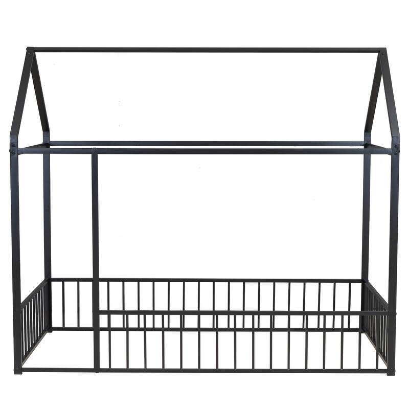 Twin/Full Size Playhouse Bed with Fence and Roof Design, Heavy Duty Metal Floor Bed Frame for Kids, Teens, Girls, Boys