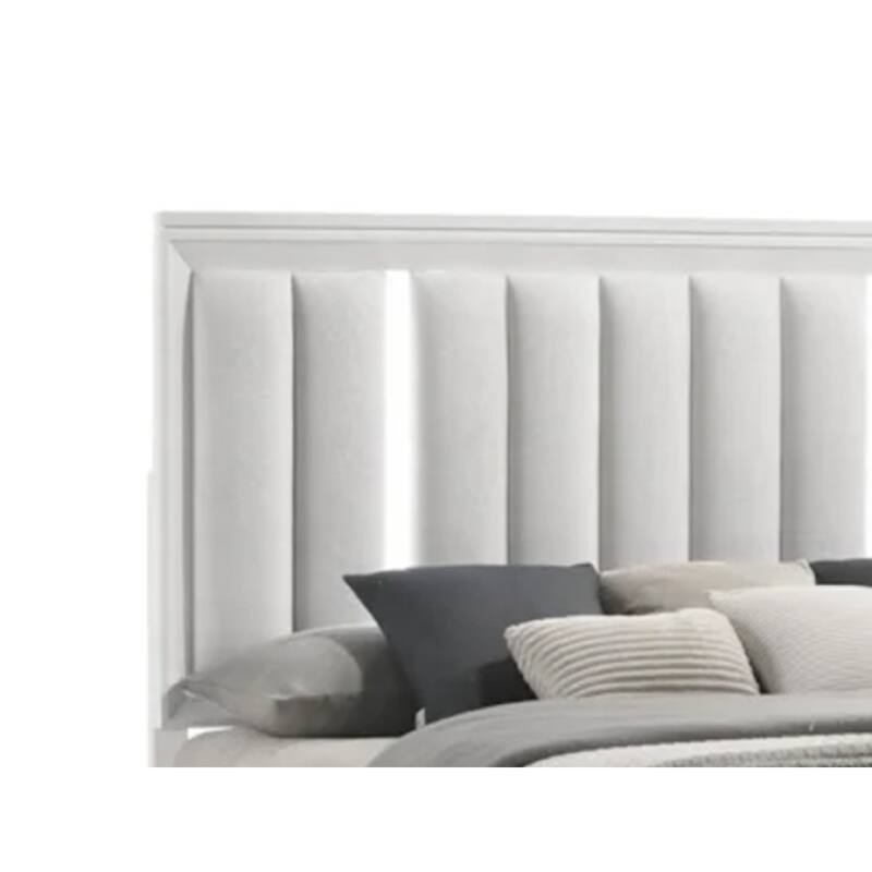 Ressy King Platform Bed with LED, Channel Tufted Upholstery, White Wood