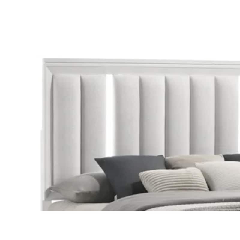 Ressy Queen Platform Bed with LED, Channel Tufted Upholstery, White Wood