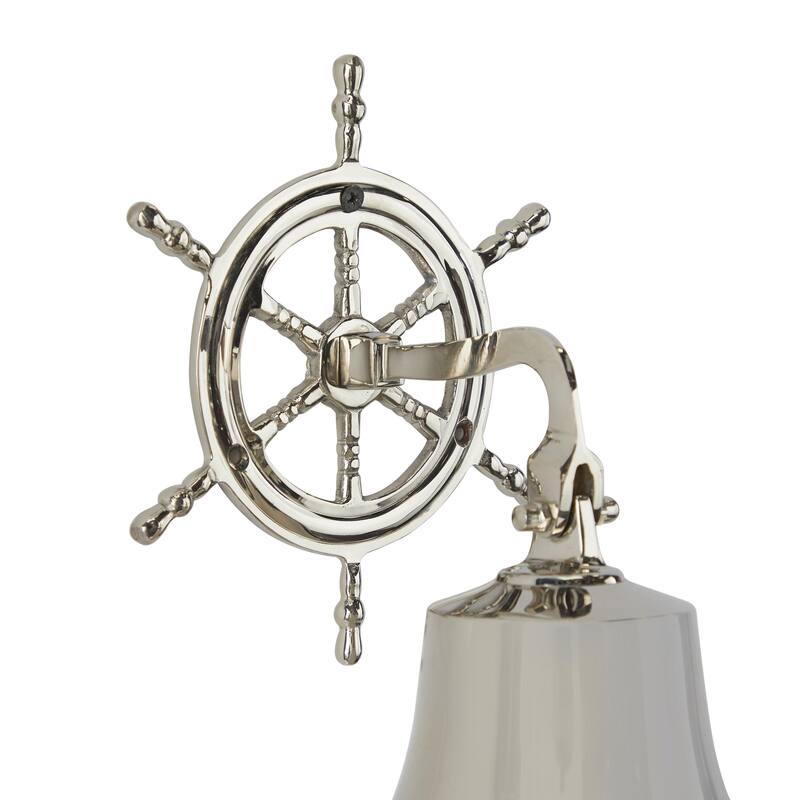 Brass Metal Bell Indoor Outdoor Home Wall Decor with Ship wheel Backing - Silver - Roche River Decor