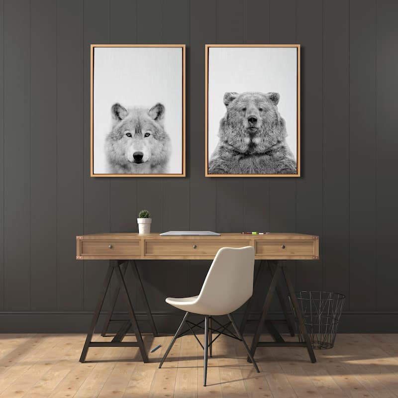 Kate and Laurel Sylvie Wolf And Bear Framed Canvas Set by Tai Prints - Gray