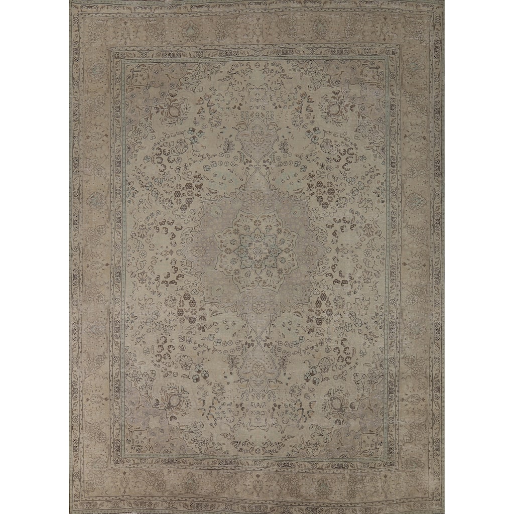 Beige Floral Tabriz Persian Vintage Rug Hand-Knotted Wool Carpet - 10'0" x 11'10"