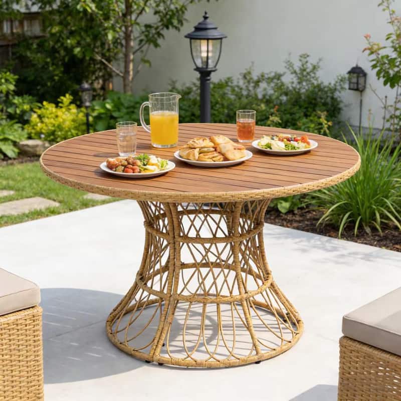 Christopher Knight Home - Estra Outdoor Round Acacia Wood Woven Dining Table with Wicker Pedestal Base, for 4 - 6 Seating - Teak Finish
