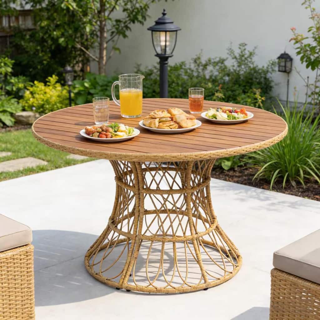 Christopher Knight Home - Estra Outdoor Round Acacia Wood Woven Dining Table with Wicker Pedestal Base, for 4 - 6 Seating
