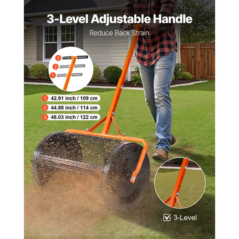 Compost Spreader, 24 in Peat Moss Spreader with T Shaped Handle, 3 Heights Adjustable, Powder-Coated Steel Peat Moss Rolle