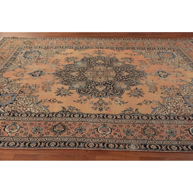 Orange Geometric Tabriz Persian Vintage Rug Handmade Wool Carpet - 7'7" x 11'5"