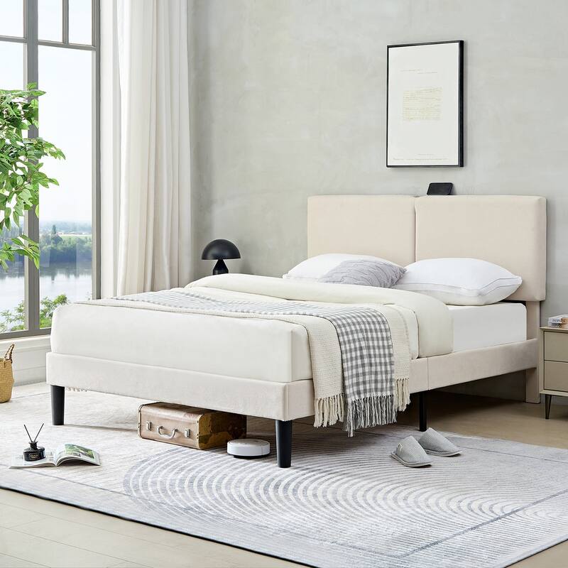 Javlergo Upholstered Platform Bed Frame with 2 USB Charging Station & Adjustable Headboard, No Box Spring Needed