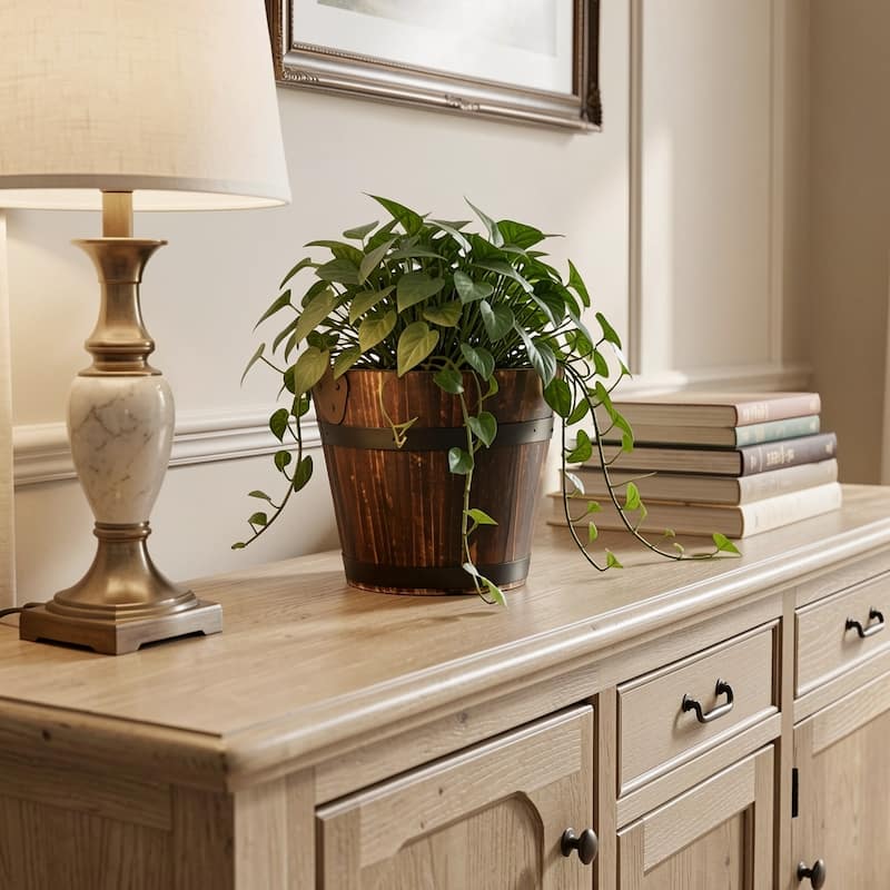 HomeRoots Brown Wood 100 Ounce Round Distressed Bucket Planter - 6.75 in. x 5.75 in. x 6.75 in. - Brown - 6.75 in. x 5.75 in.  x 6.75 in.