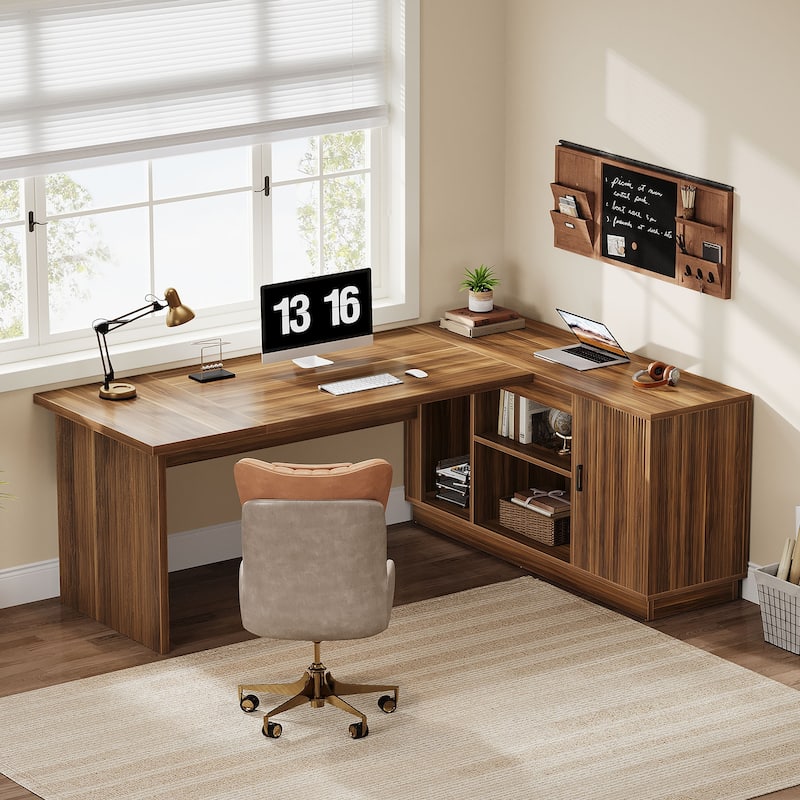 70.87-Inch L-Shaped Executive Desk with File Cabinet and Shelves, Large Computer Desk for Home Office