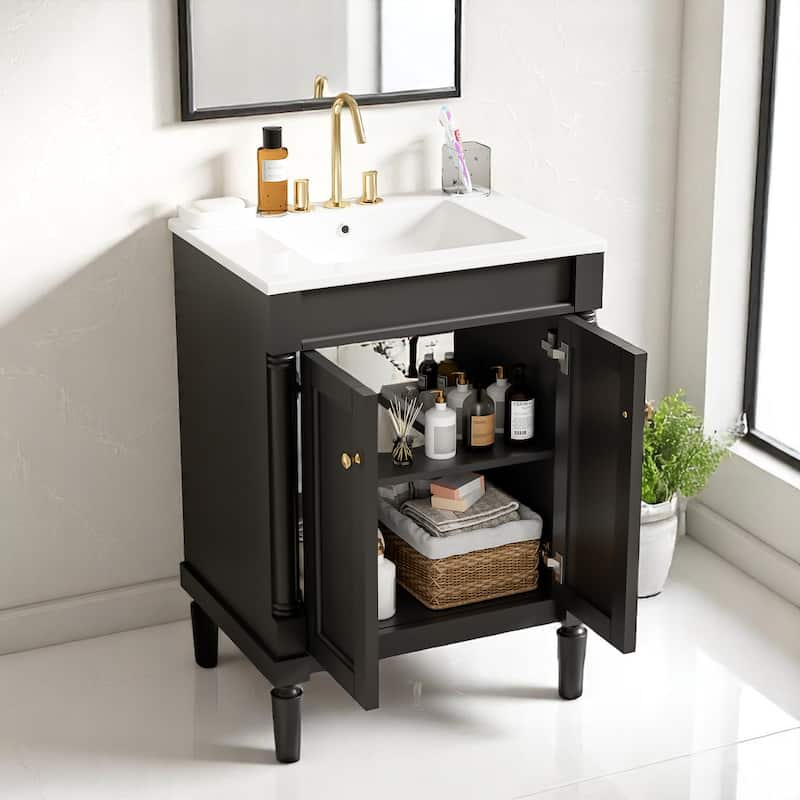 24 Inch Freestanding Bathroom Vanity with Sink, 2-Tier Enclosed Storage Shelves, Drop-in Ceramic Top