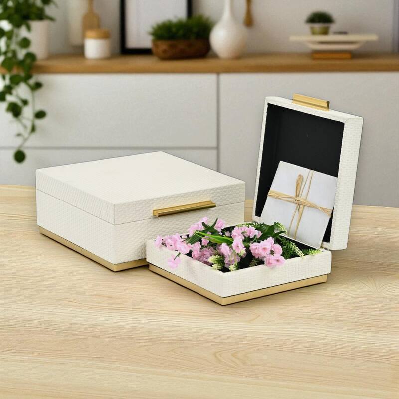Tamsin Set of 2 Square Decorative Storage Boxes - Wicker Weave Pattern with Gold Hardware - White