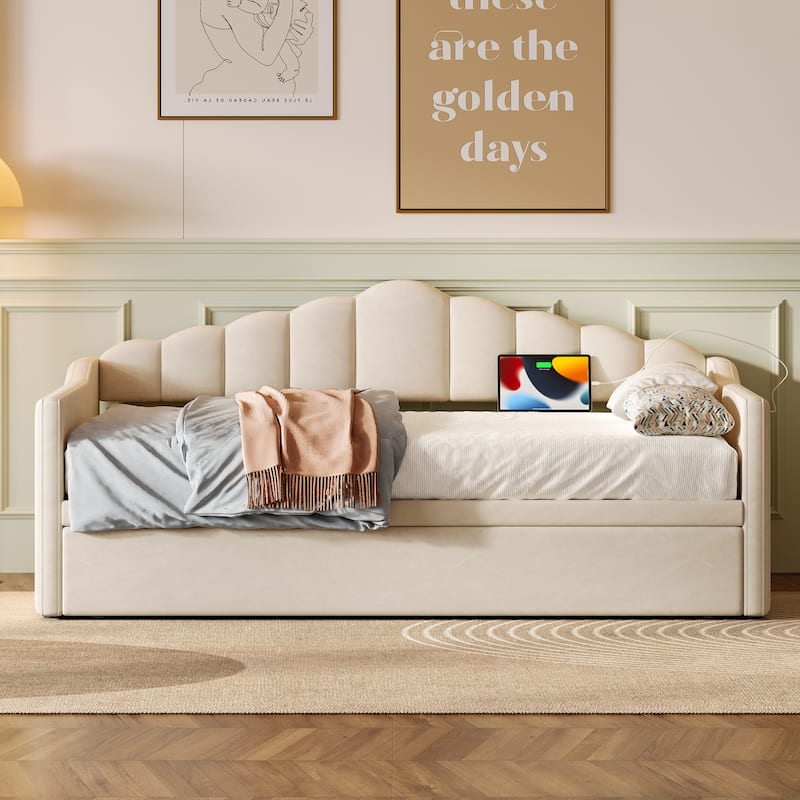 Upholstered Twin Size Daybed with Adjustable Trundle Bed and USB Port, Velvet Fabric Twin Sofa Bed Frame with 2 Side Pockets - Beige - Twin