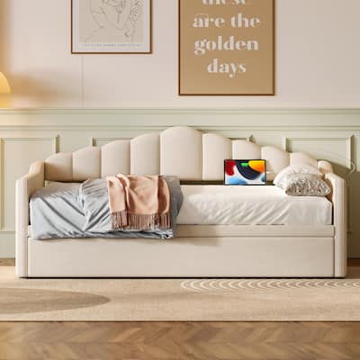 Upholstered Twin Size Daybed with Adjustable Trundle Bed and USB Port, Velvet Fabric Twin Sofa Bed Frame with 2 Side Pockets