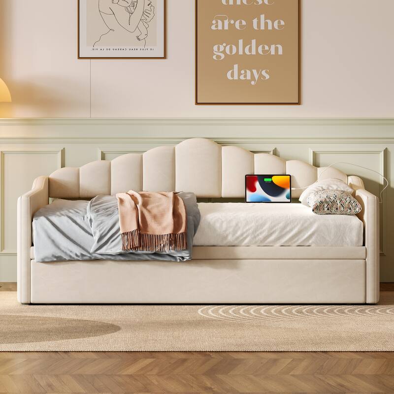 Velvet Upholstered Daybed with Adjustable Height Pop Up Trundle and Charging Station, Twin Size Pull Out Platform Sofa Bed Frame - Beige - Twin