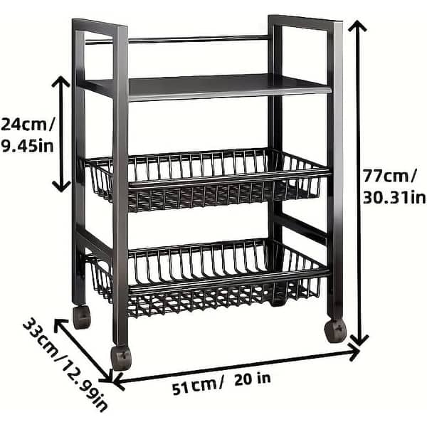 Kitchen Storage Rack with Wheels and Mesh Baskets,3-Tier Freestanding Metal Kitchen Bakers Rack & Fruit Vegetable Basket