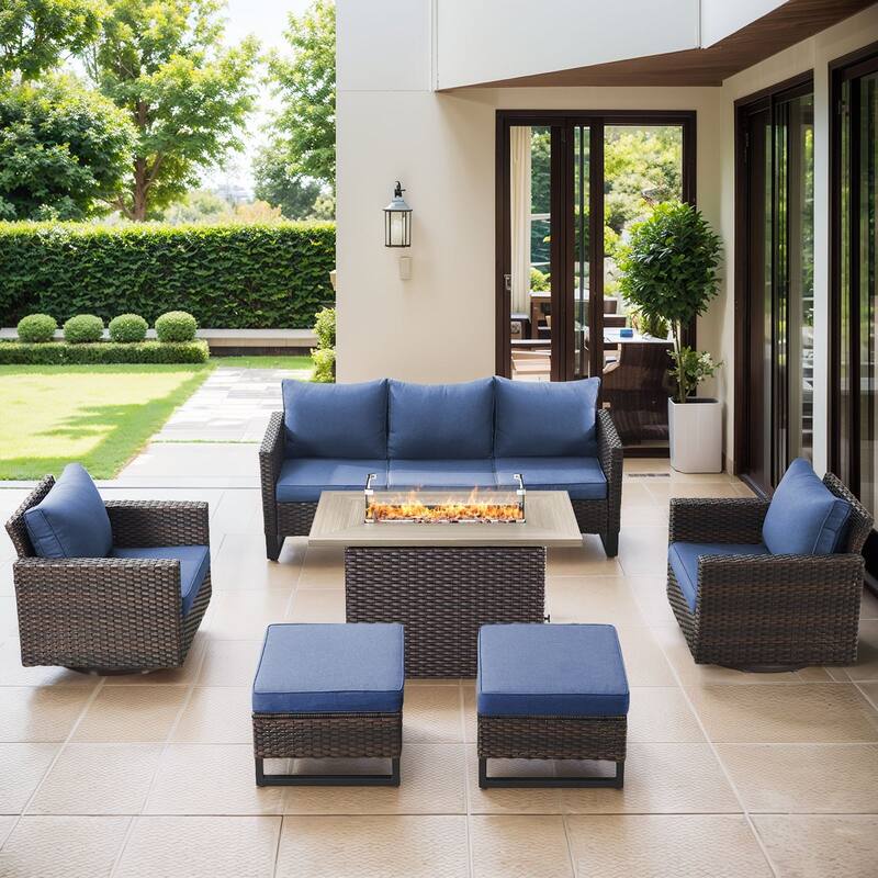 Patio Sofa 2 Swivel Chairs Ottomans and Fire Table Brown-Blue - Brown - Brown - Blue