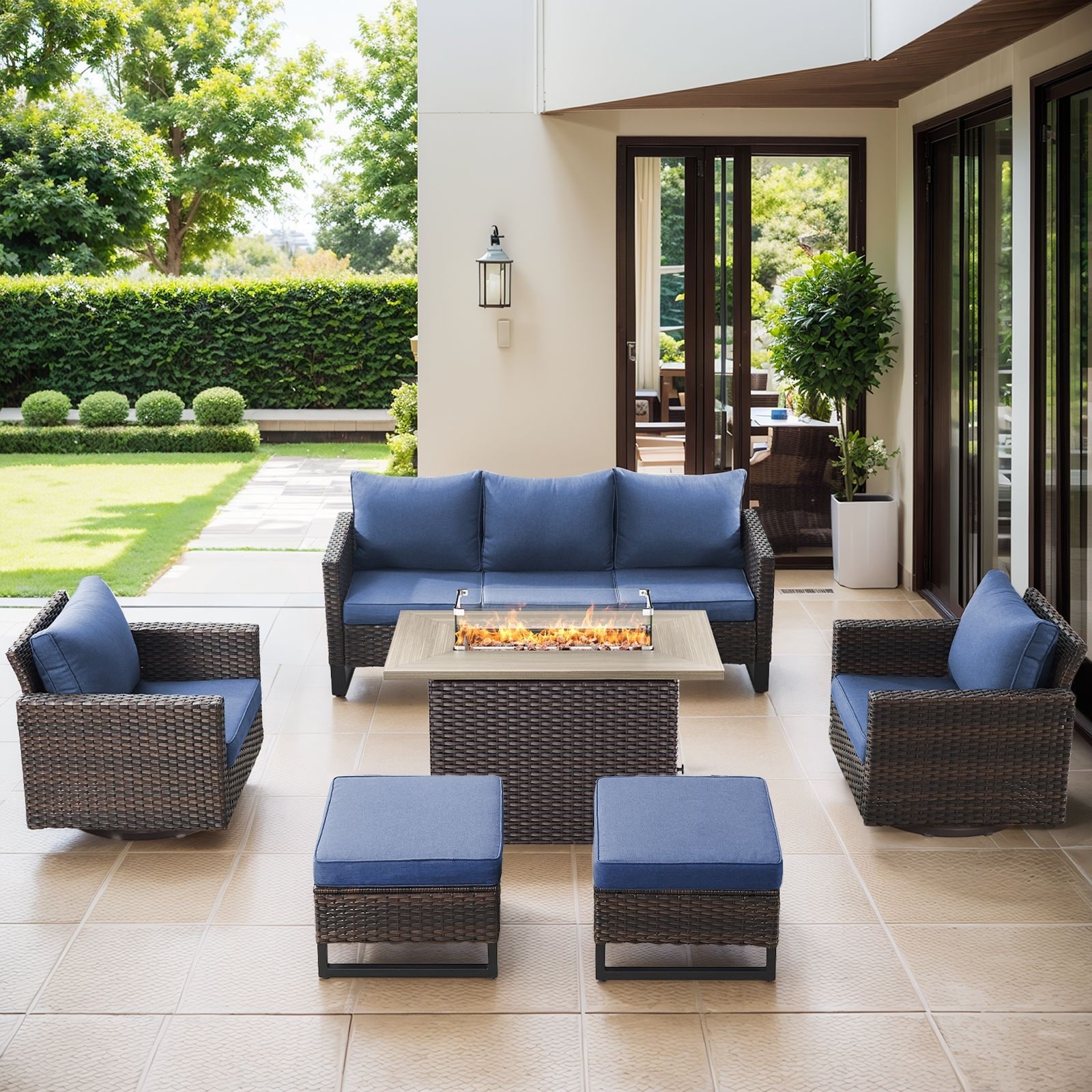 Patio Sofa 2 Swivel Chairs Ottomans and Fire Table Brown-Blue - Brown