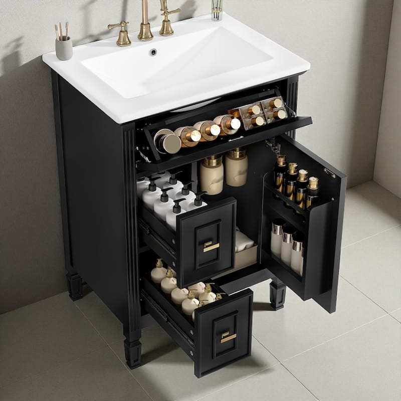 Modern 24-Inch Bathroom Vanity with Ceramic Sink, Solid Wood and MDF Cabinet with Flip Drawer, Drawers, and Adjustable Shelf