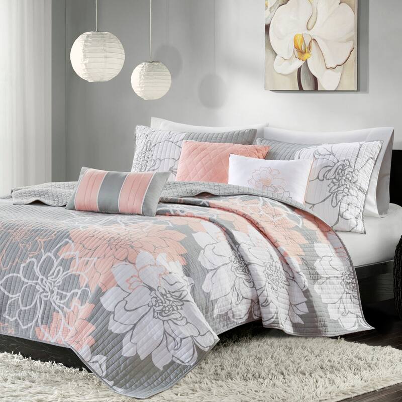 GDF Studio - Lola Printed Cotton Reversible Quilt Set with Throw Pillows - Grey+Peach (Full/Queen)