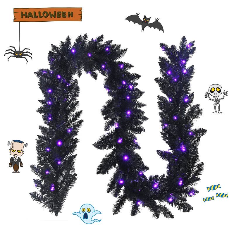 Gymax 9FT Pre-lit Black Halloween Garland Christmas Rattan w/ LED - Black