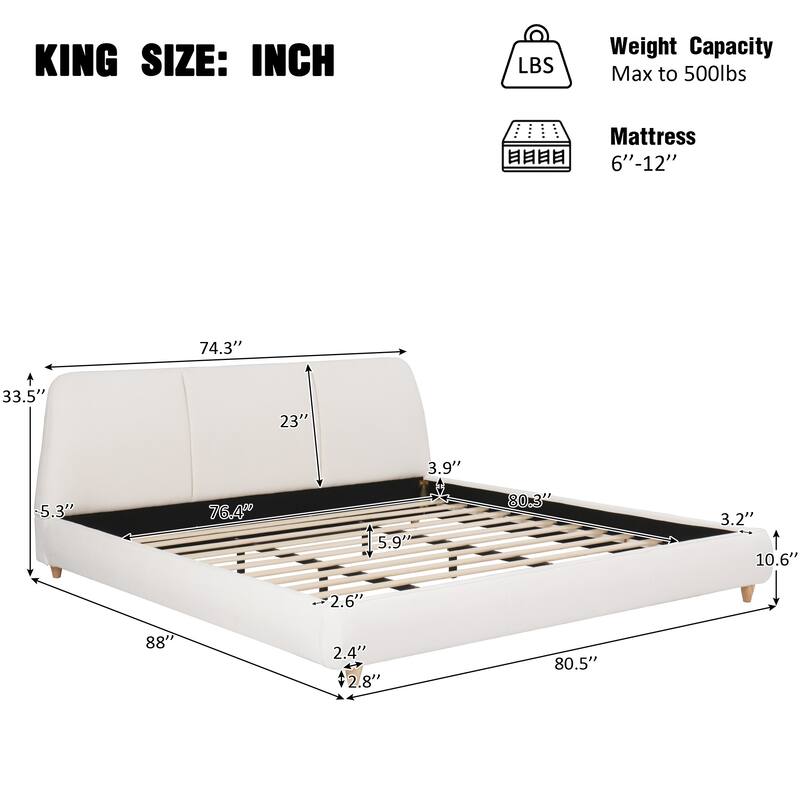 King Size Modern Upholstered Bed Frame with Linen Fabric and Solid Wood Legs, White