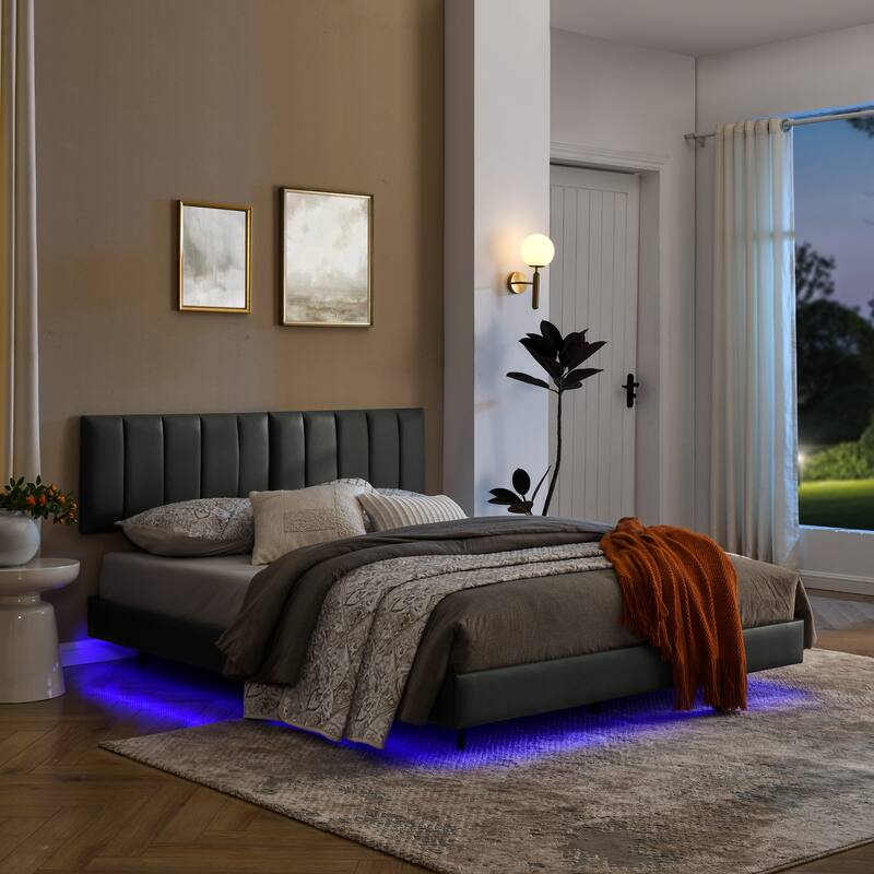 Queen Floating Bed Frame with LED Lights and Wall Mounted Headboard Low Profile Led Platform Bed Frame,No Box Spring Needed