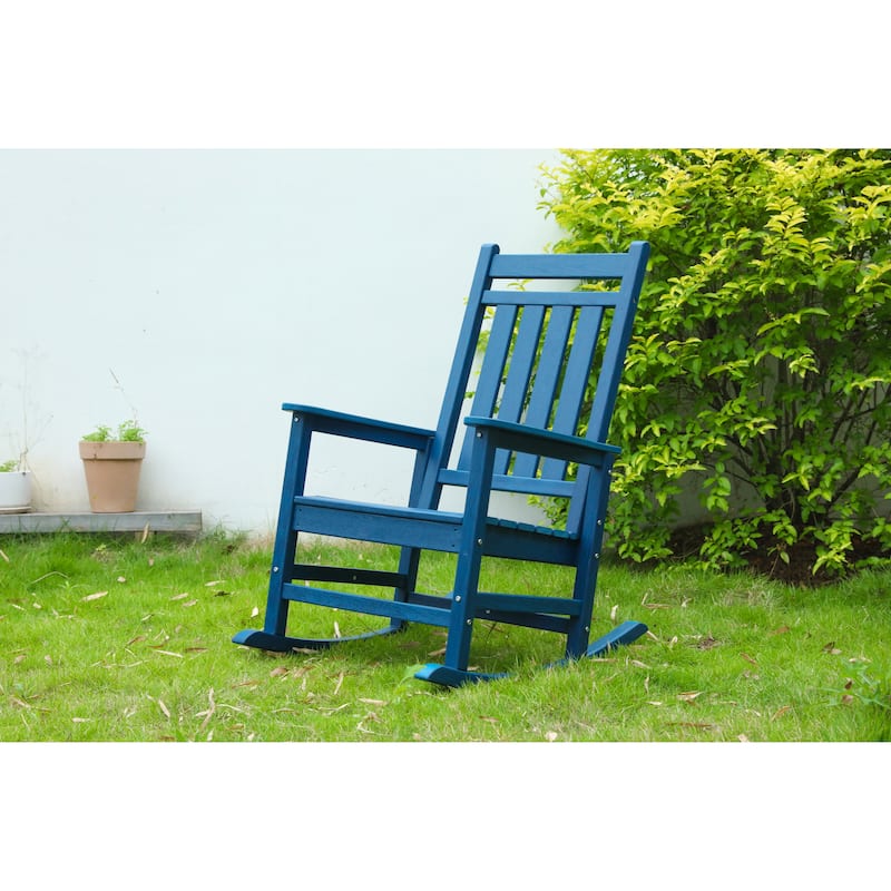 Oversized Rocking Chair with Wood-Texture, Outdoor Rocking Chair for Adults, All Weather Resistant Porch Rocker for Lawn Garden - Navy Blue