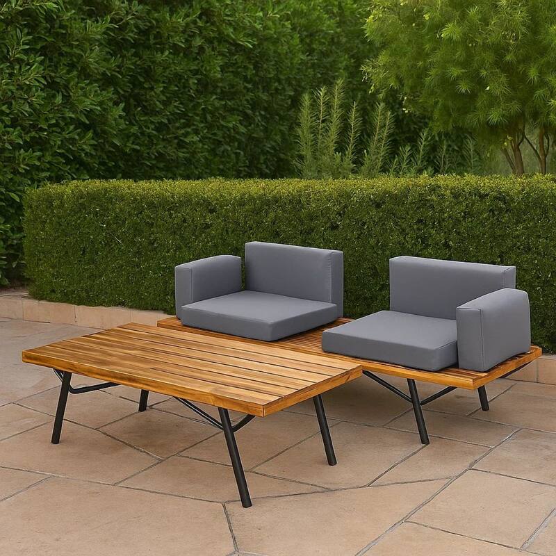 Outdoor Loveseat and Coffee Table Set, Acacia Wood, Black Iron, Gray