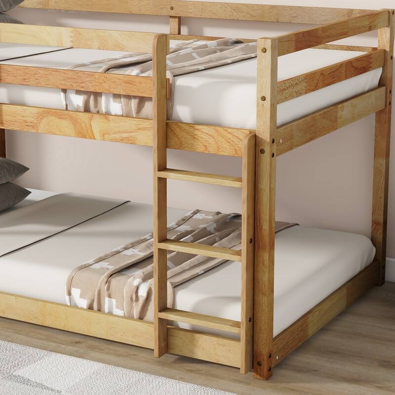Wooden Twin over Twin Floor Bunk Bed with Ladder, with Bed Platform of Strengthened Slats